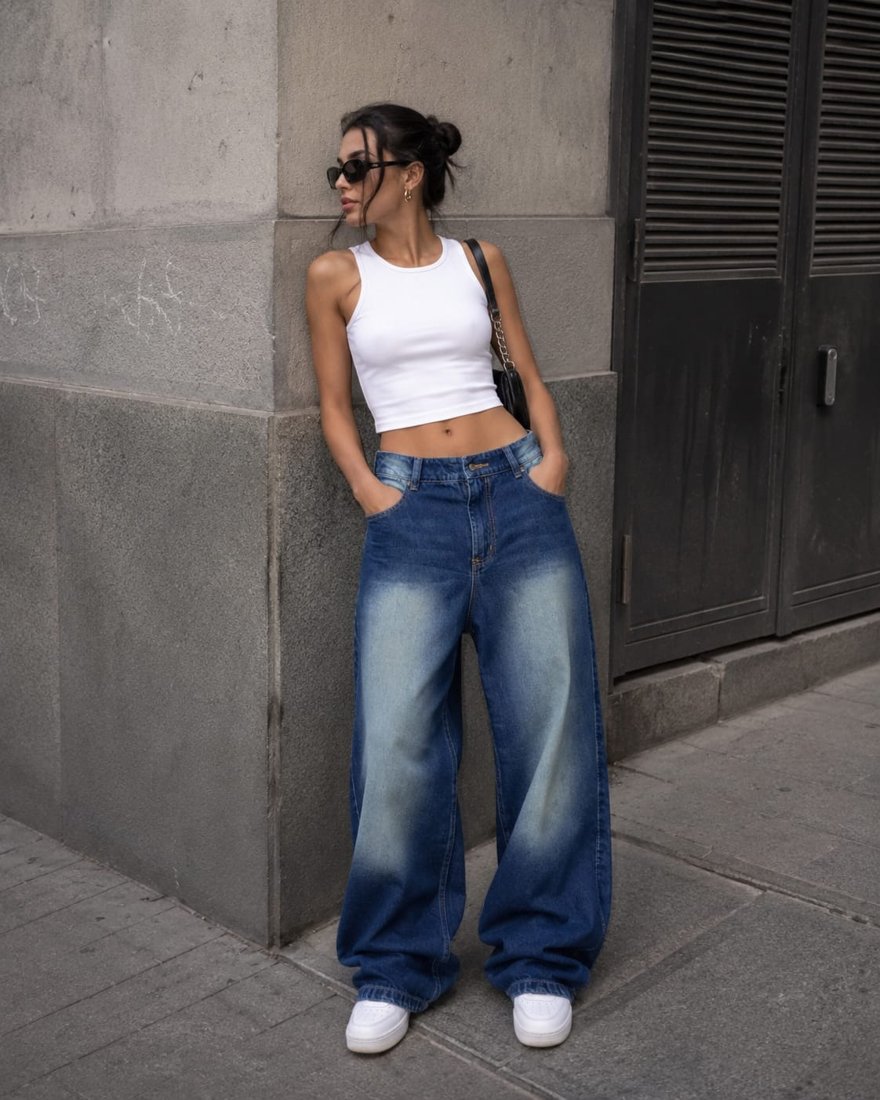 Modelo con jean baggy azul de Oasis